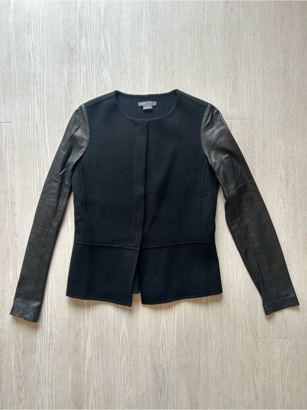 Vince Black Wool & Genuine Leather Sleeve Collarless Jacket Blazer XS
